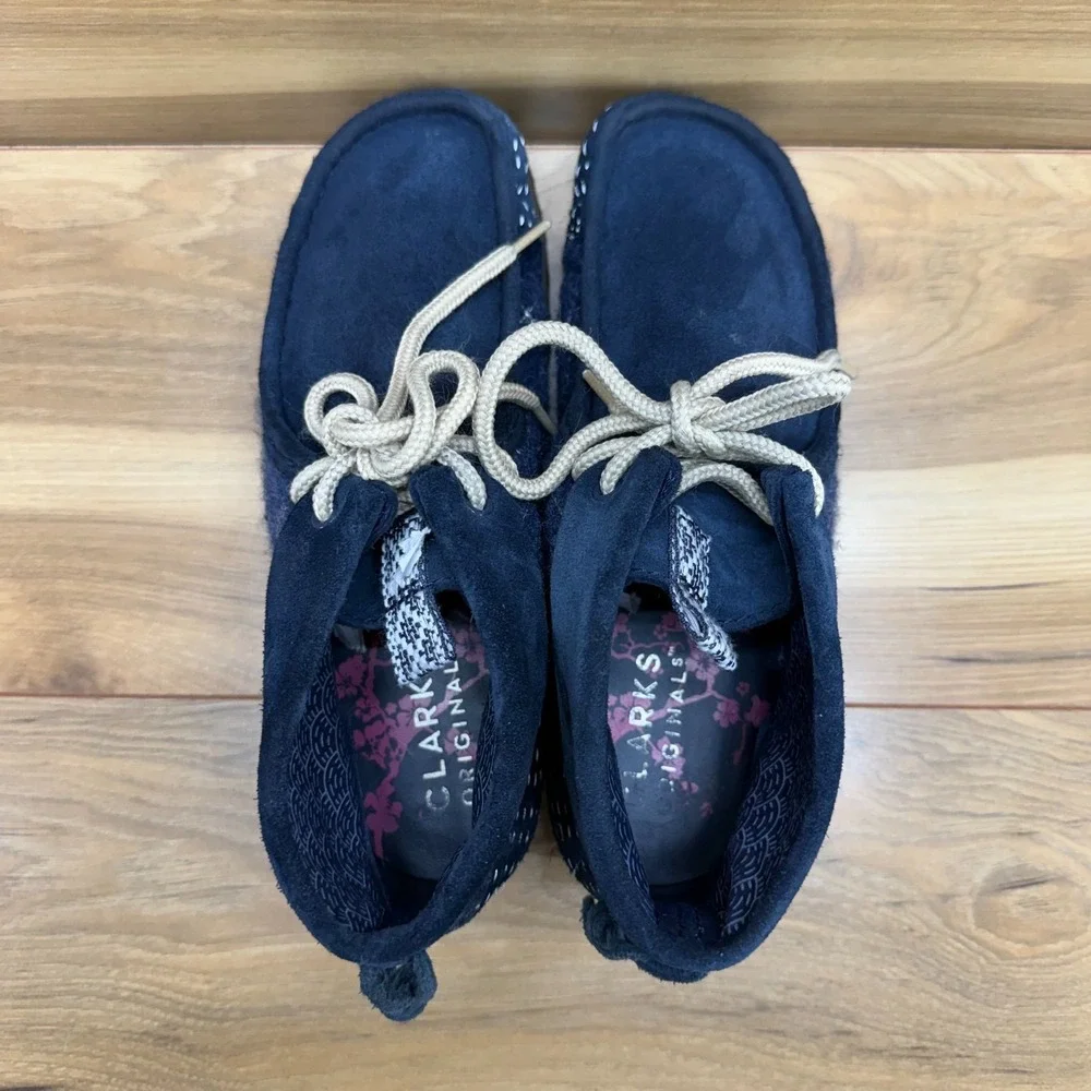 Clarks Wallabee Originals Sashiko Navy Mens 8 Blue Suede Wool Moc Toe Desert